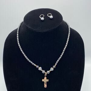 Black Hematite 17"Drum Barrel Agate Cross Pendant Faux Pearl Earring Bundle